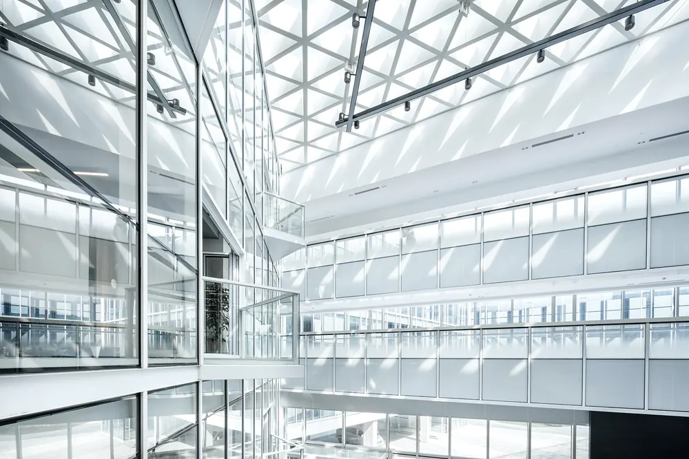 Glass atrium of a modern office building